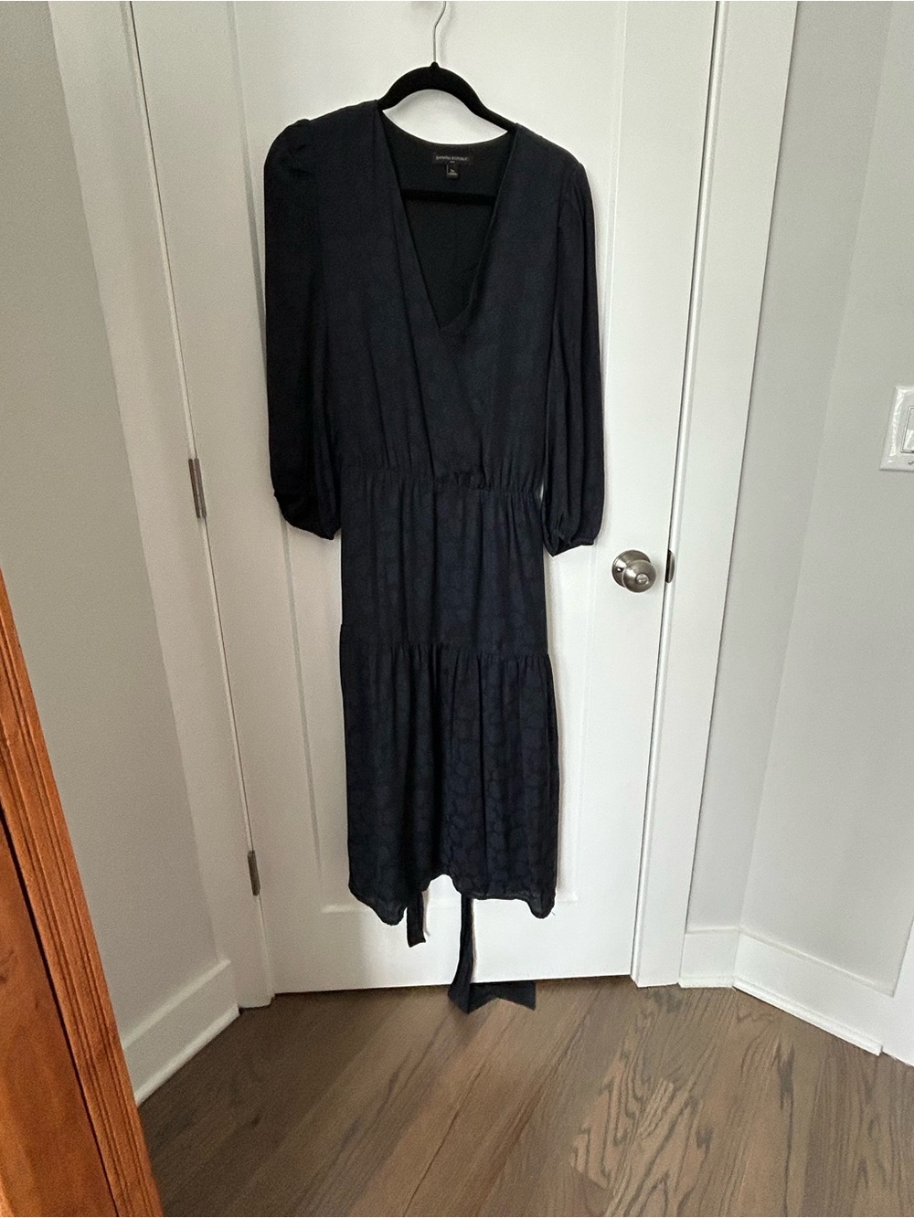 Banana Republic Black Floral-Jacquard Midi Dress with Tie Waist